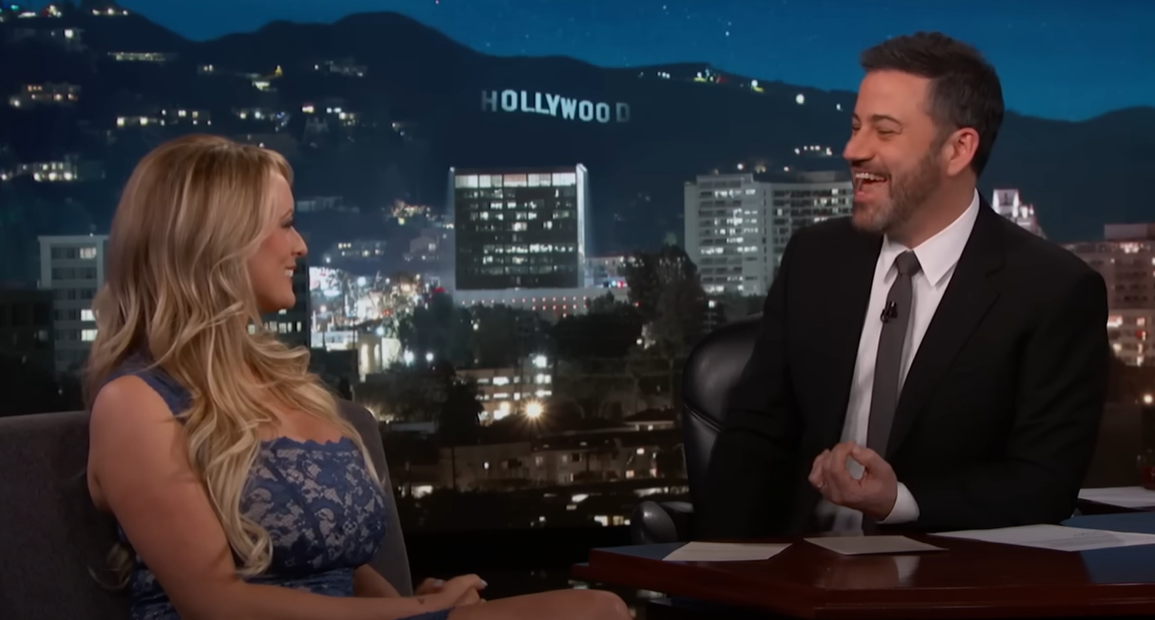 Stormy Daniels being interviewed by Jimmy Kimmel in January 2018