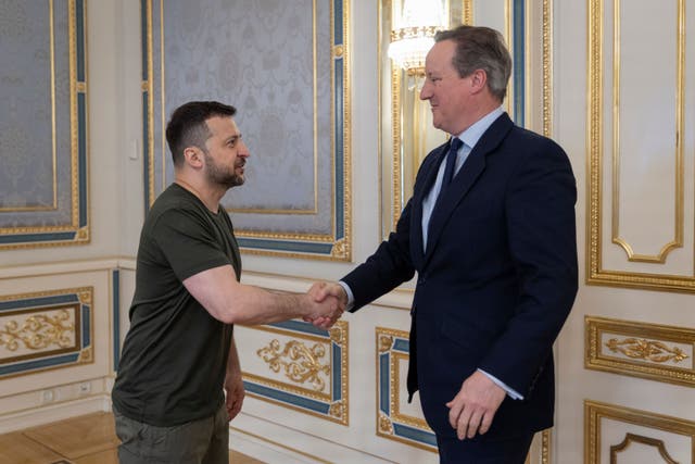 <p>Foreign secretary David Cameron meets Volodymyr Zelensky in Kyiv’s presidential office on Friday</p>