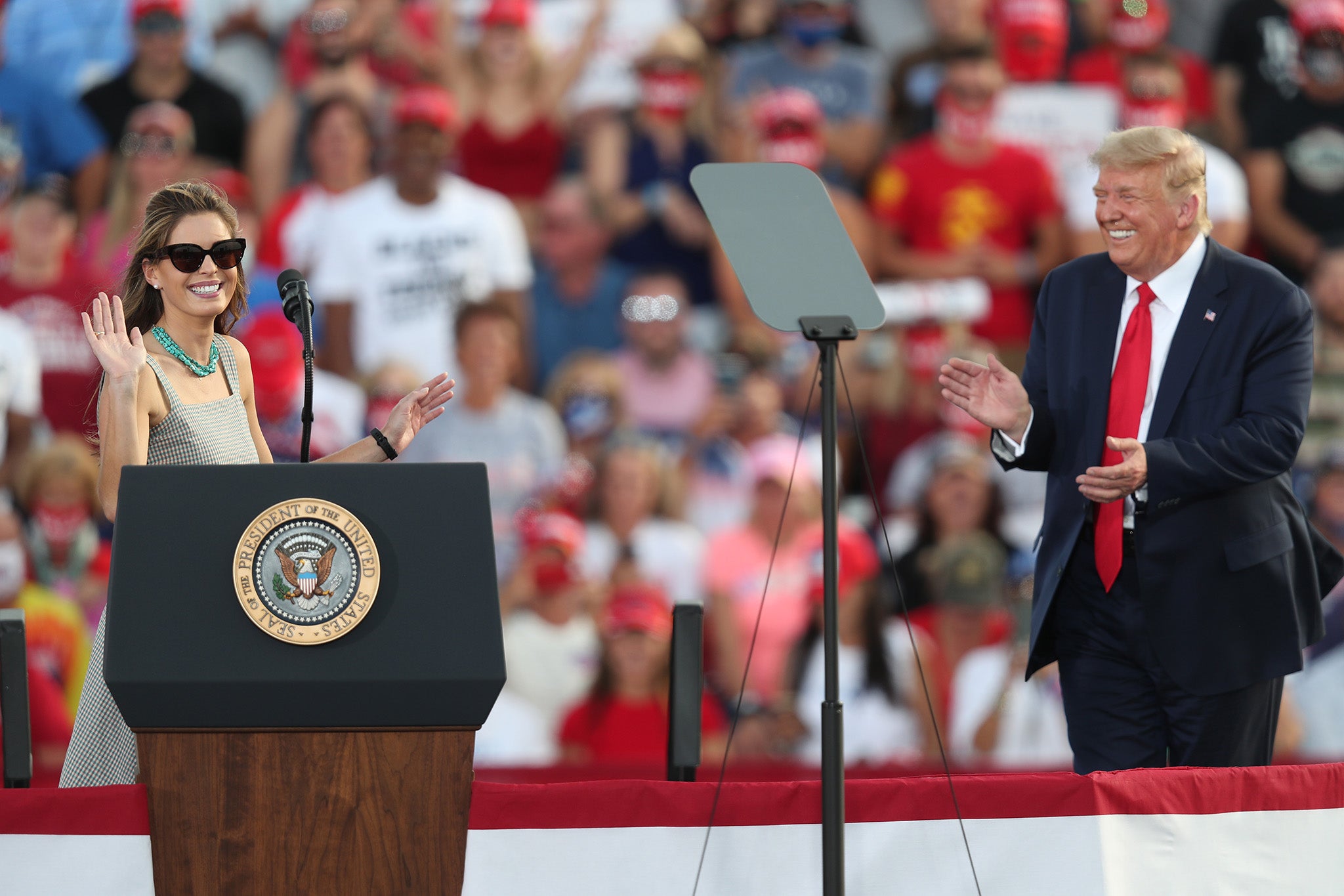 Donald Trump and Hope Hicks are pictured at a campaign rally in 2016.