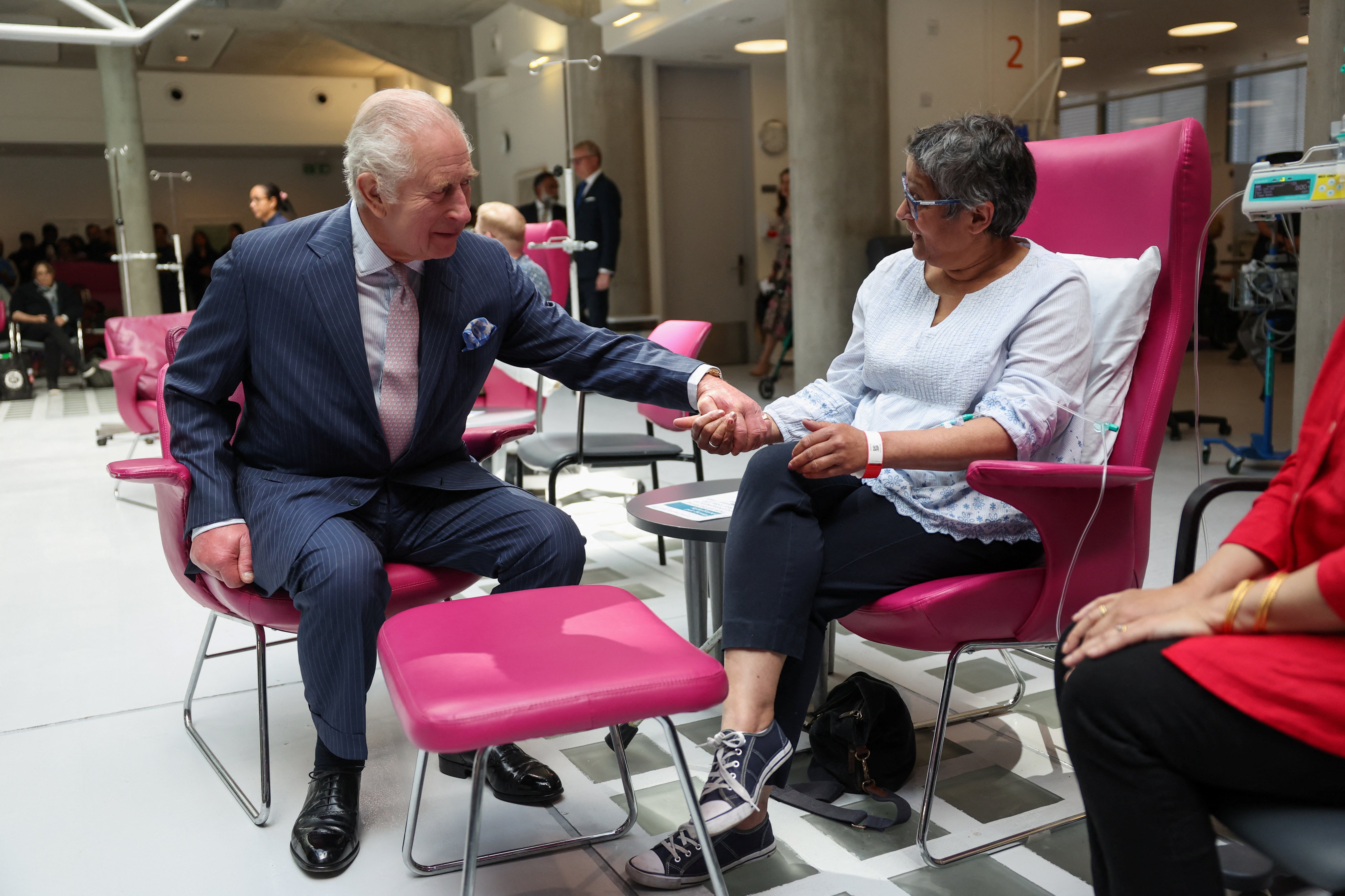 King Charles III meets with patients at the University College Hospital Macmillan Cancer Centre on 30 April in return to public-facing duties