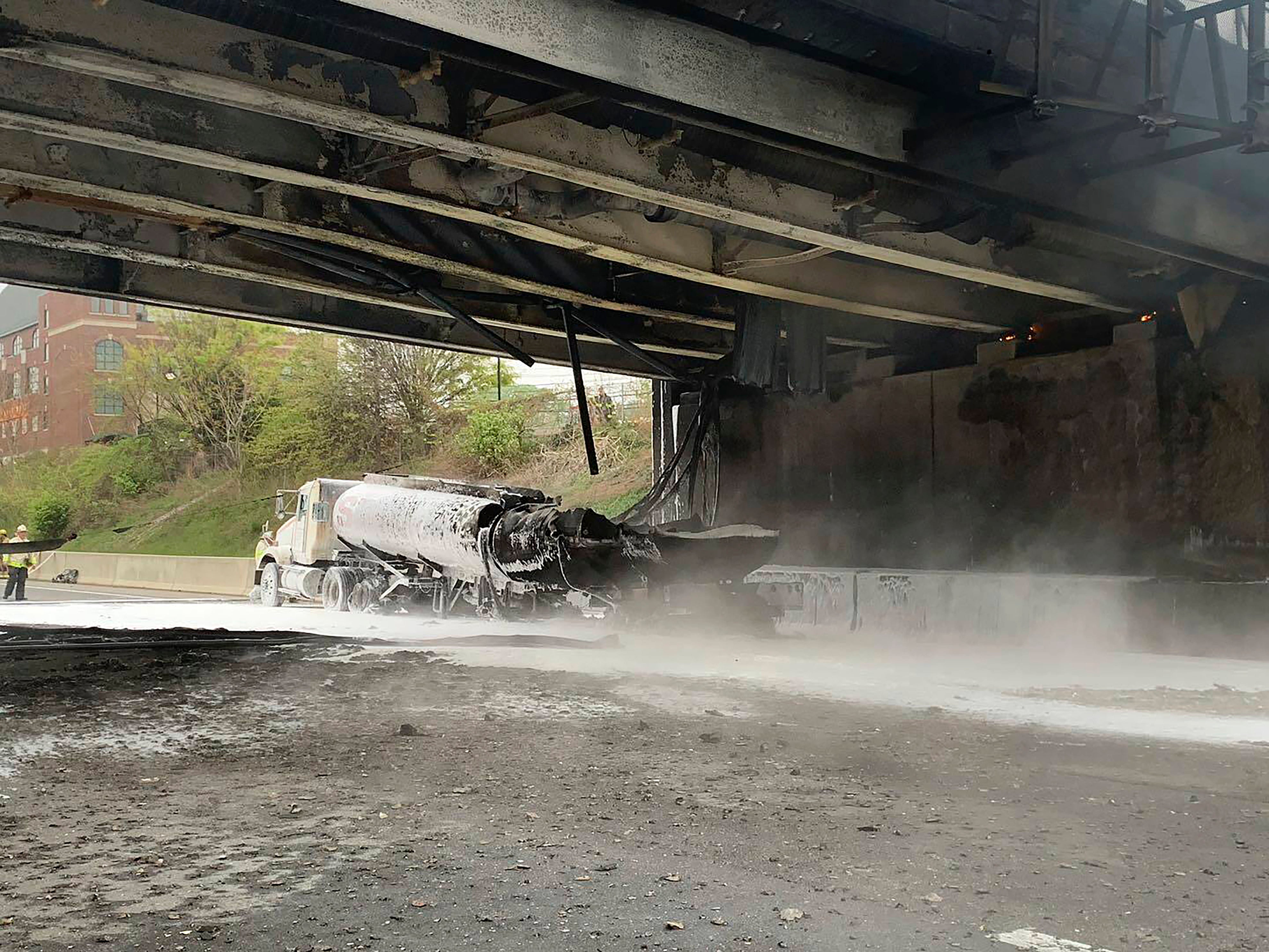 The scene of a tanker fire on I-95 in Norwalk, Connecticut