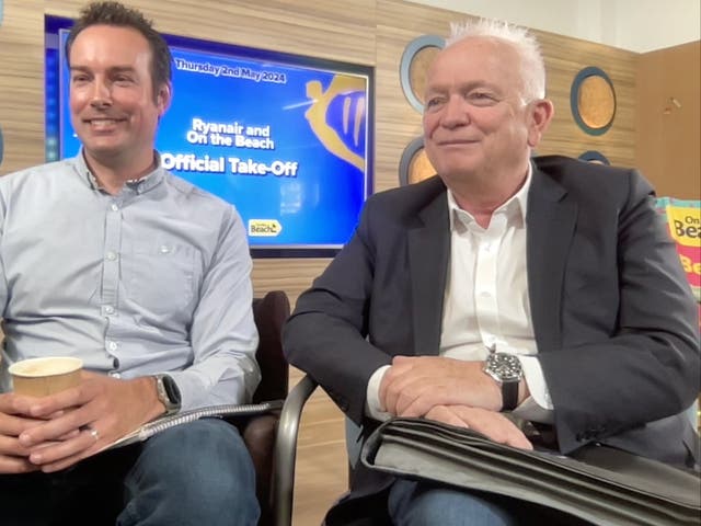 <p>Sweetness and light: Shaun Morton, left, and Eddie Wilson, chief executives of On The Beach and Ryanair DAC respectively </p>