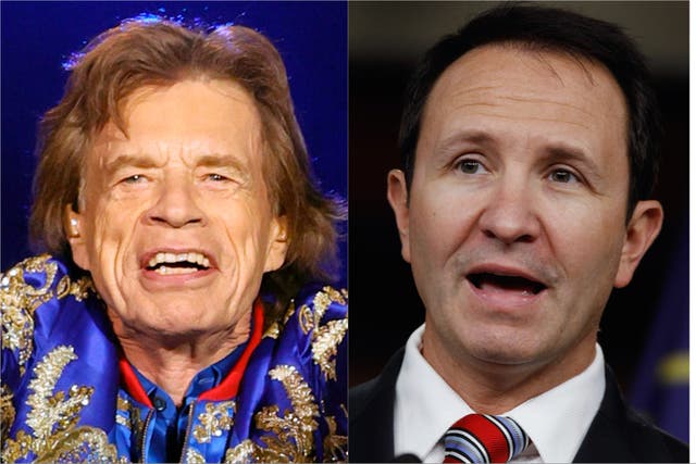 <p>Mick Jagger (left) and Jeff Landry, the governor of Louisiana </p>