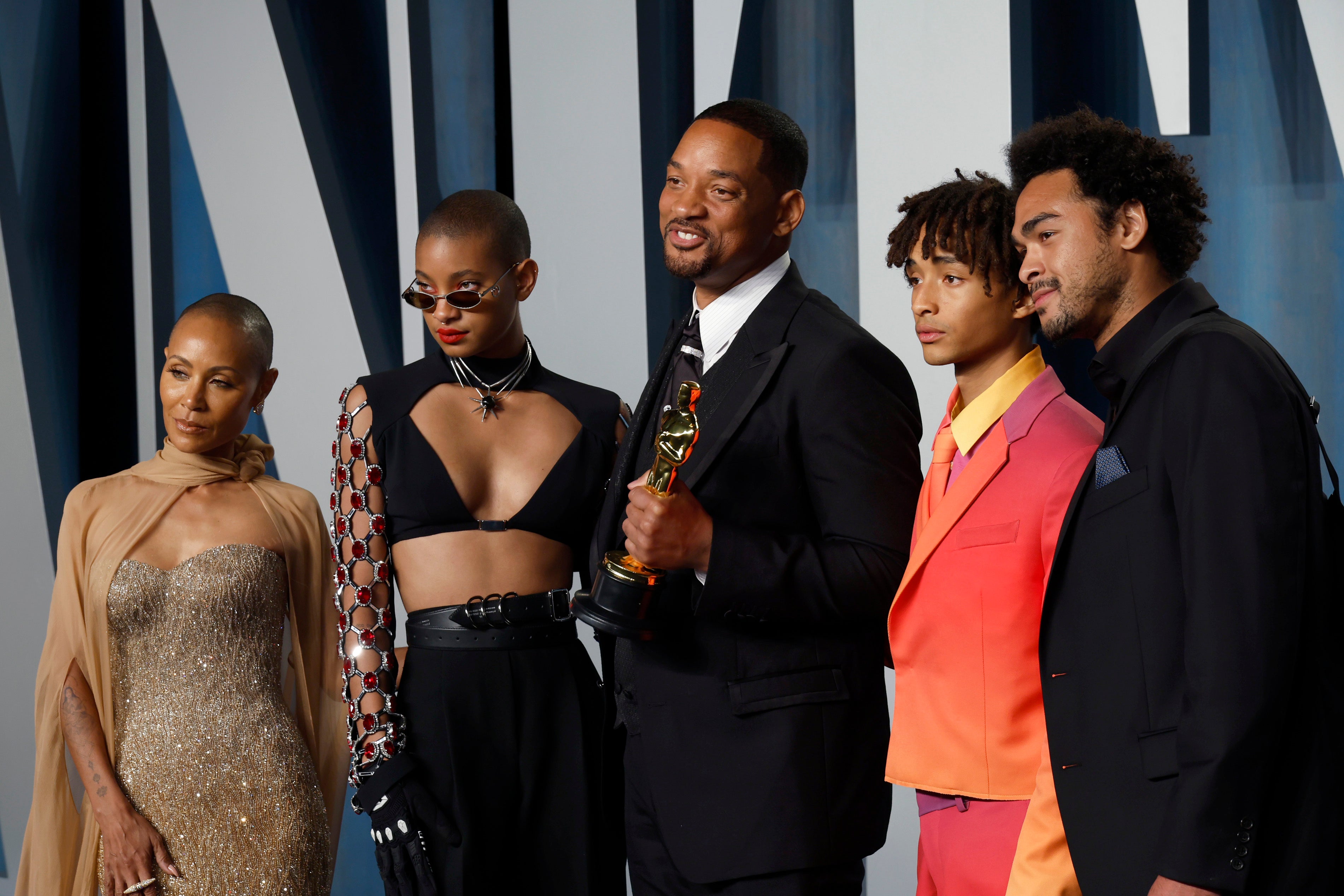 Willow Smith attends Vanity Fair Oscar Party with father Will Smith, mother Jada Pinkett Smith, and brothers Jaden Smith and Trey Smith in March 2022