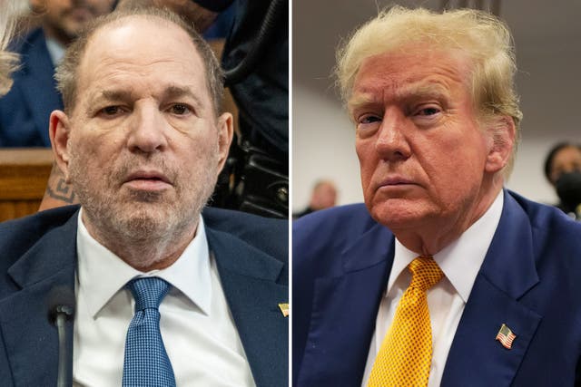 <p>Harvey Weinstein in court on the left, Donald Trump on the right </p>