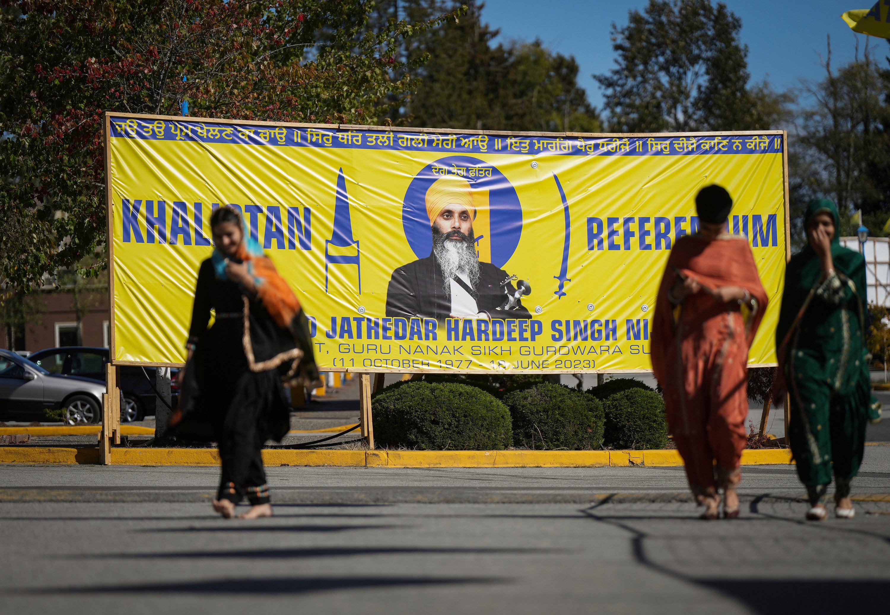 A banner that shows the late Sikh separatist leader Hardeep Singh Nijjar is displayed outside the Guru Nanak Sikh Gurdwara Sahib in Surrey, British Columbia