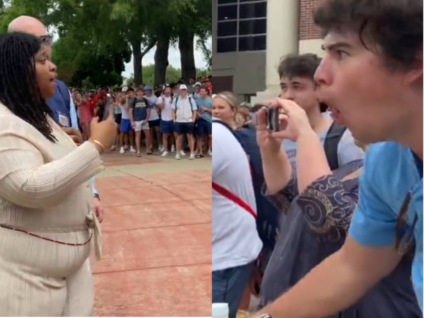 Screengrab shows Ole Miss protester (left) and the counter-protester (right) who made monkey noises at her during a Gaza solidarity protest