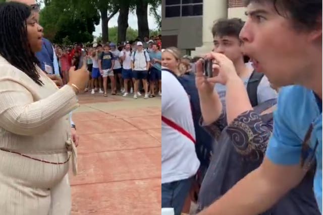 <p>Screengrab shows Ole Miss protester (left) and the counter-protester (right) who made monkey noises at her during a Gaza solidarity protest </p>