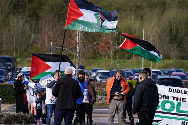 A pro-Palestine protest outside the Black Country & Marches Institute of Technology in Dudley where Labour leader Sir Keir Starmer launched his party’s local elections campaign in March (Jordan Pettitt/PA)