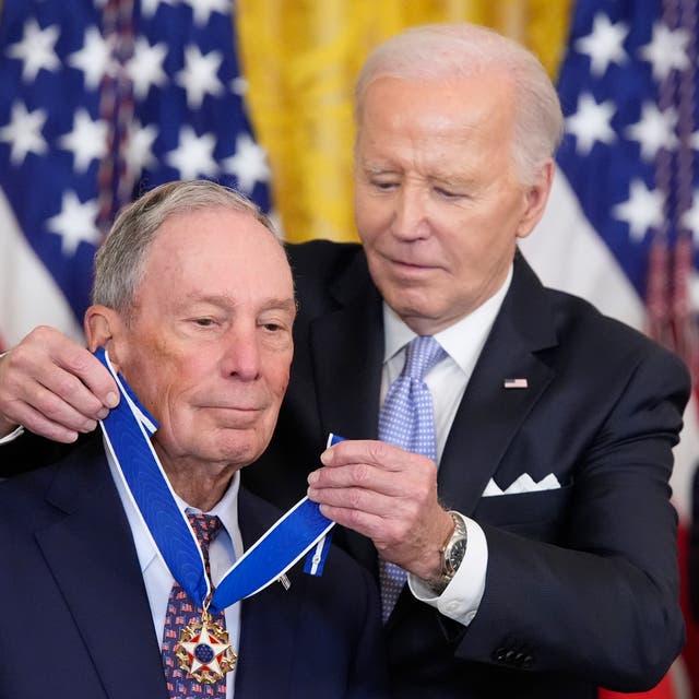 <p>President Joe Biden awards the nation's highest civilian honor, the Presidential Medal of Freedom, to former New York City Michael Bloomberg during a ceremony in the East Room of the White House, Friday, May 3, 2024, in Washington. (AP Photo/Alex Brandon)</p>