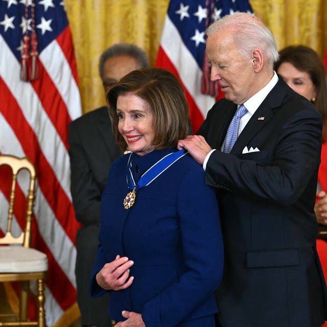 <p>Joe Biden presents the Presidential Medal of Freedom to US Representative Nancy Pelosi in the East Room of the White House in Washington, DC, on May 3, 2024.</p>