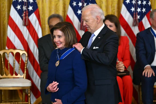 <p>Joe Biden presents the Presidential Medal of Freedom to US Representative Nancy Pelosi in the East Room of the White House in Washington, DC, on May 3, 2024.</p>