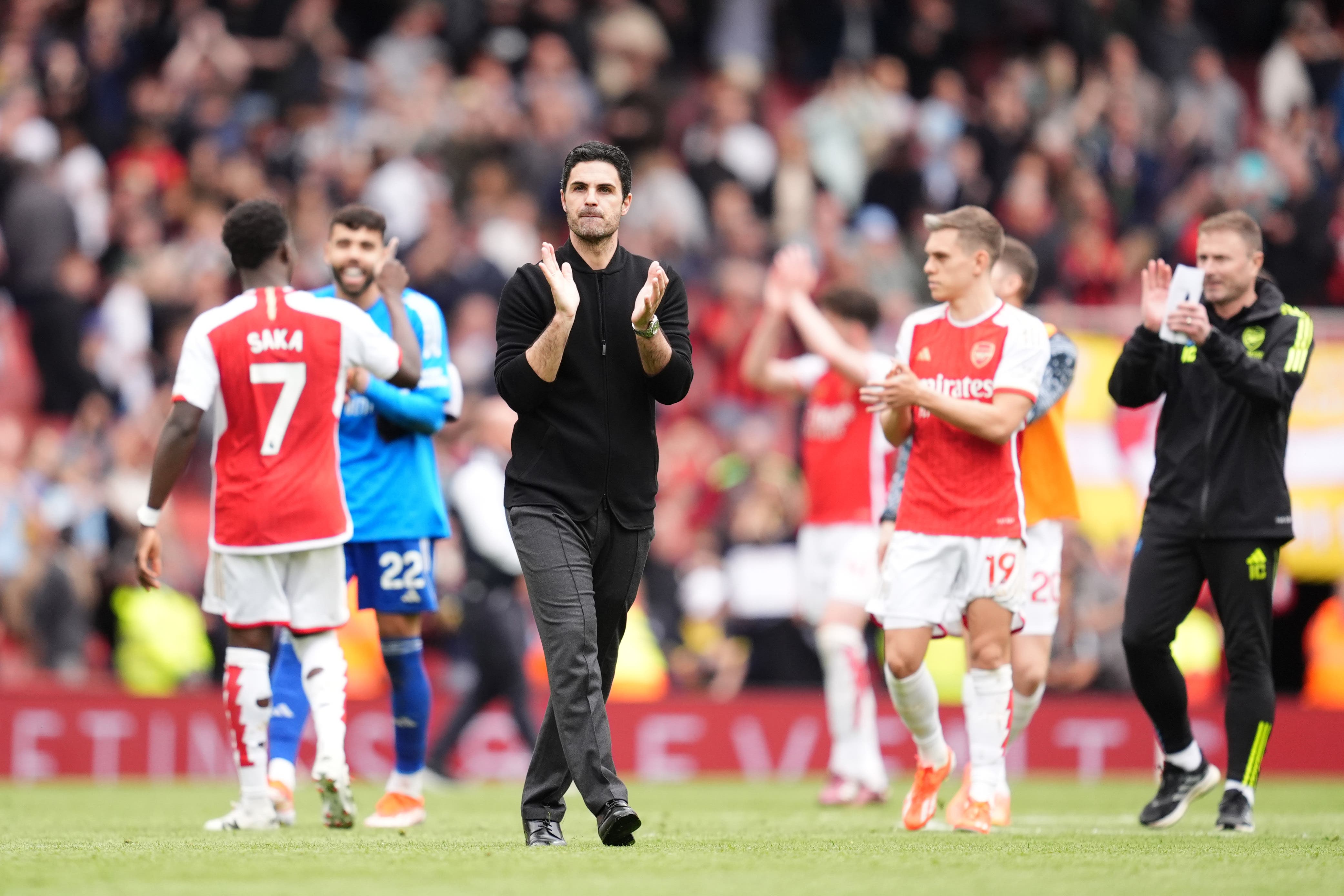 Mikel Arteta’s Arsenal are just two points behind City as the final league day approaches