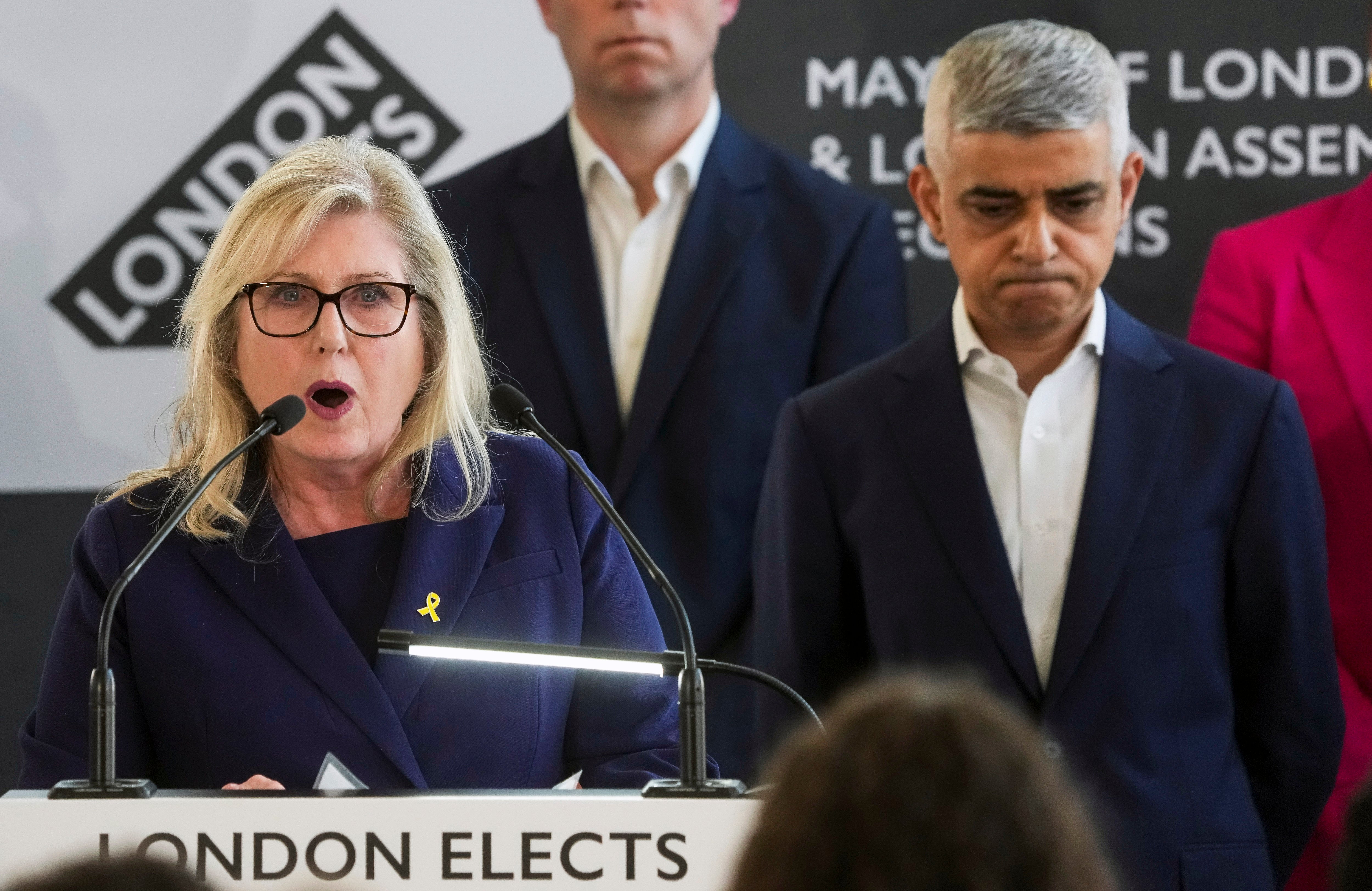 The Conservatives’ Susan Hall gives her speech at City Hall after losing the London mayoral election