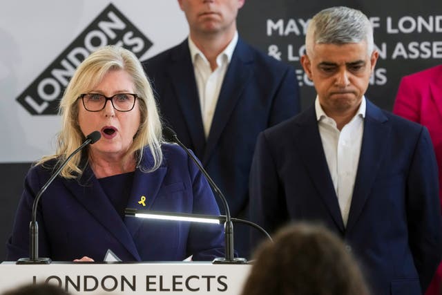<p>The Conservatives’ Susan Hall gives her speech at City Hall after losing the London mayoral election </p>