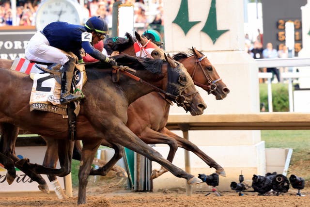 <p> Mystik Dan #3, ridden by jockey Brian J. Hernandez Jr. crosses the finish line to win the 150th running of the Kentucky Derby at Churchill Downs on May 04, 2024 in Louisville, Kentucky. </p>