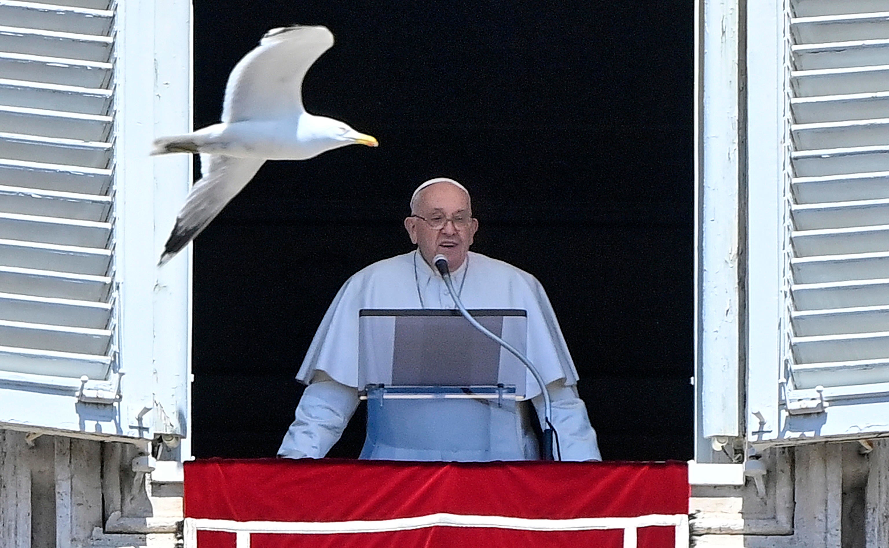 Pope Francis leads Sunday's Regina Coeli prayer from the window of his office overlooking Saint Peter's Square, Vatican City