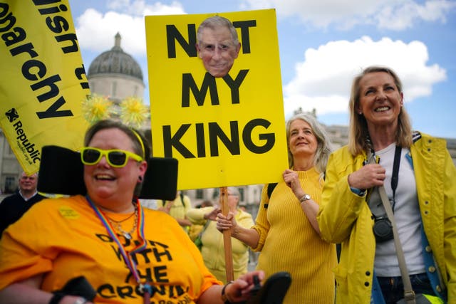 People take part in a rally by anti-monarchy pressure group Republic in Trafalgar Square (Victoria Jones/PA)