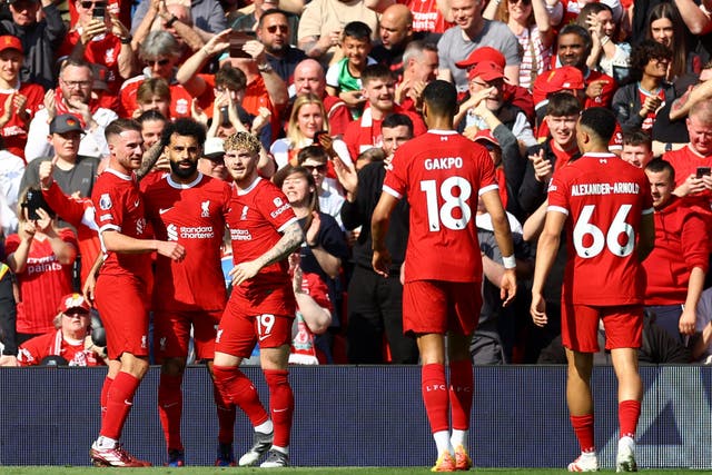 <p>Liverpool celebrate Mohamed Salah’s opening goal</p>