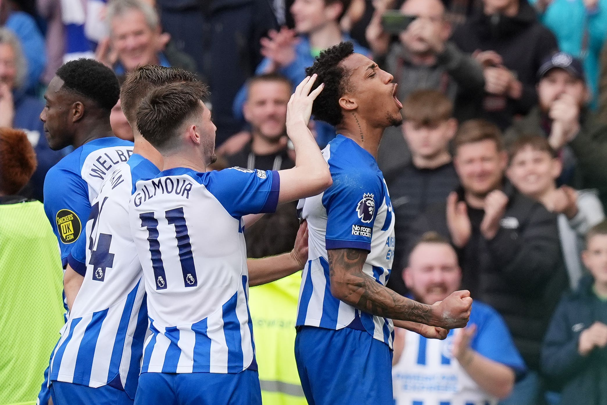 Joao Pedro (right) celebrates the winner (Gareth Fuller/PA)