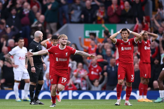 <p>The Liverpool players are stunned by Harvey Elliott’s goal</p>