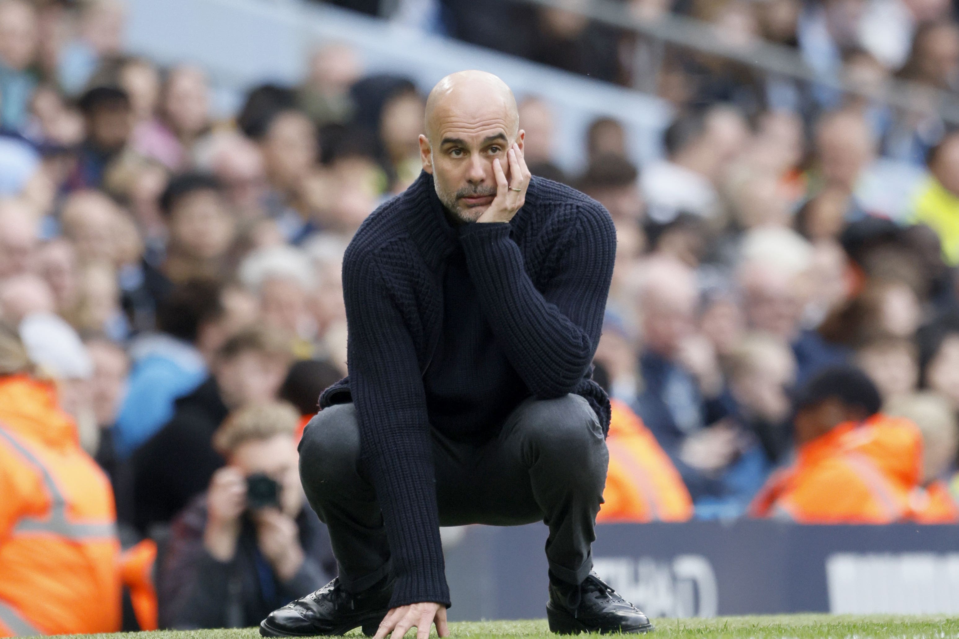 Manchester City manager Pep Guardiola reacts on the touchline during the Premier League match at the Etihad Stadium, Manchester. Picture date: Saturday May 4, 2024.