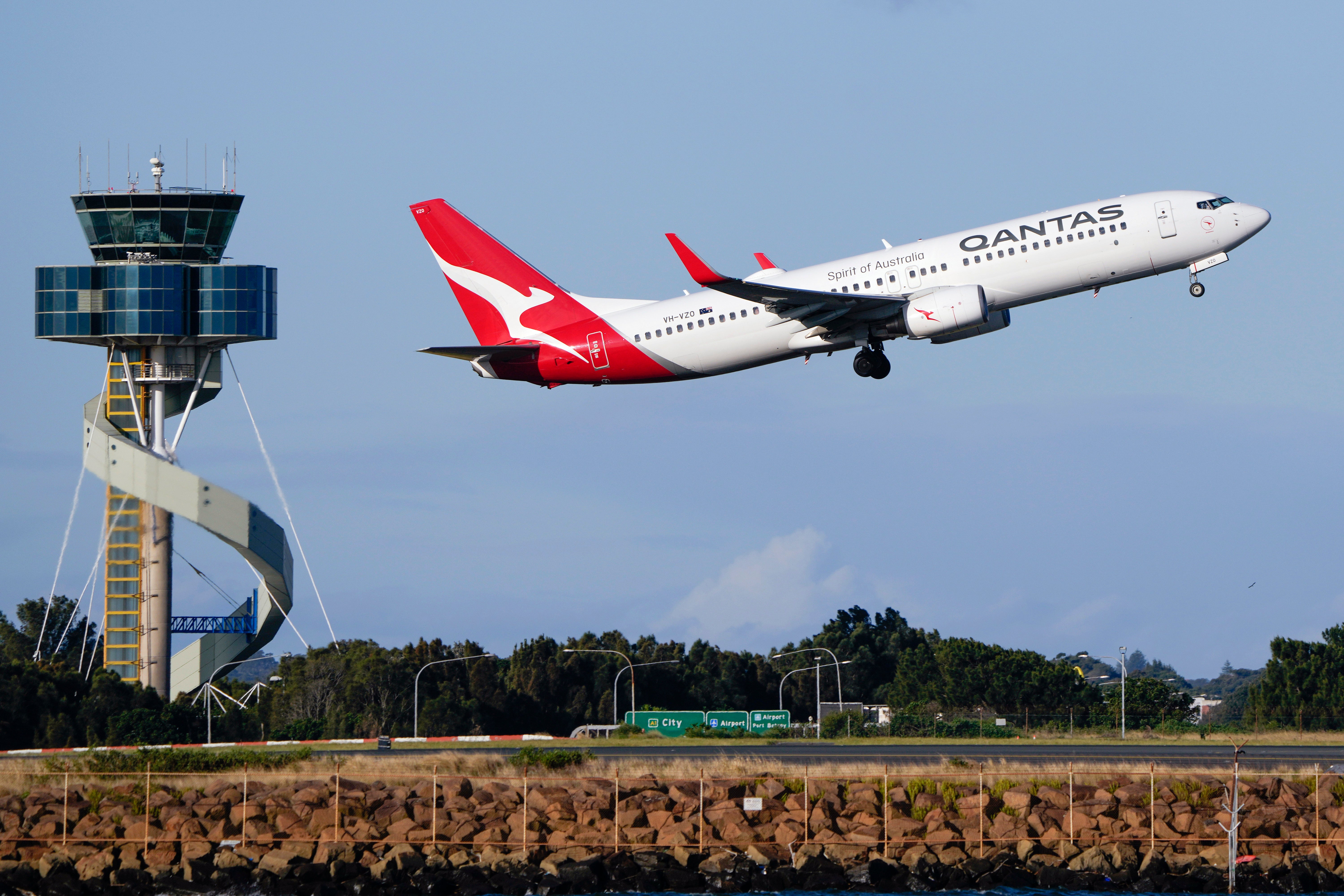 A Qantas Boeing 737 passenger plane takes off from Sydney Airport, Australia