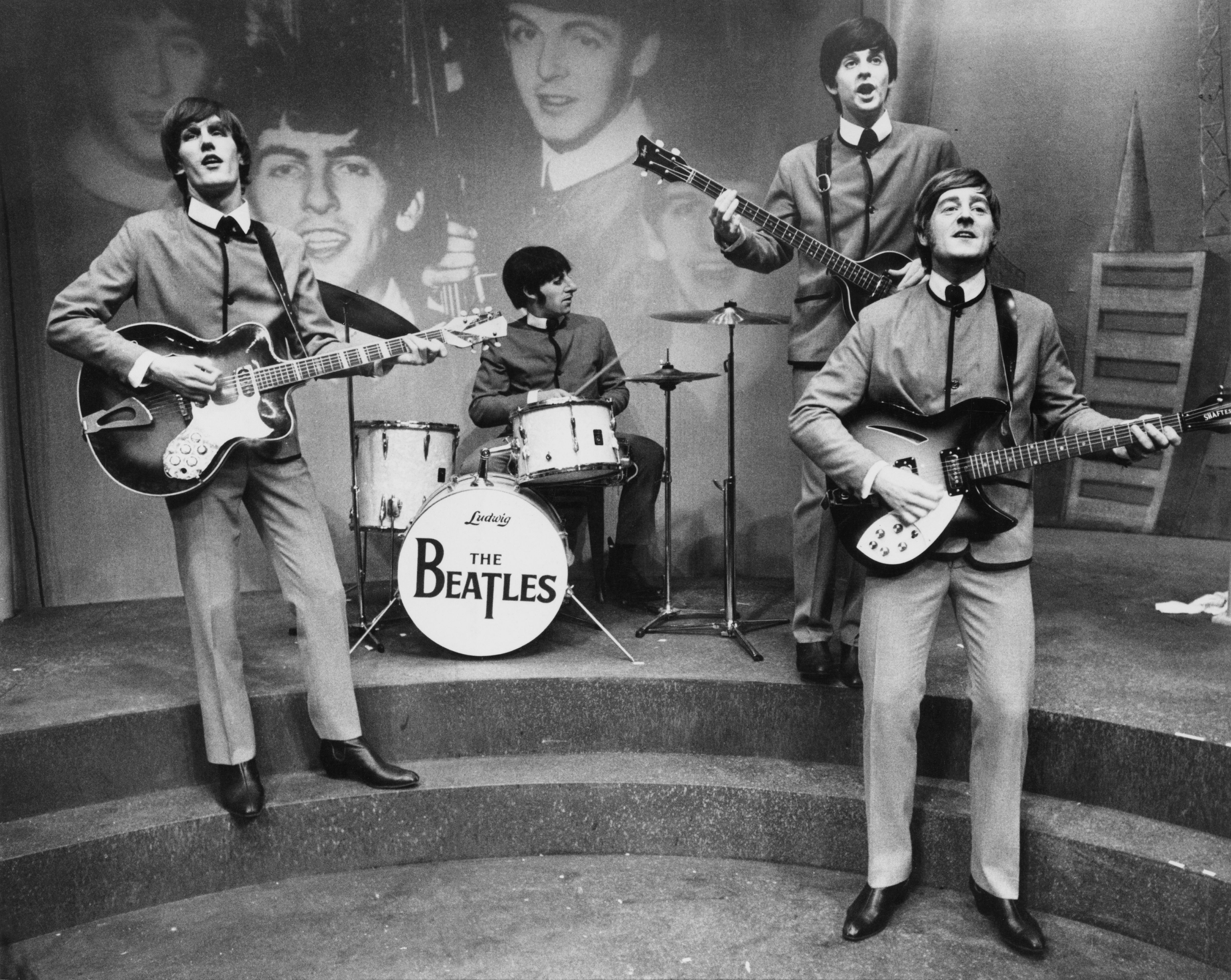 Left to right, Phillip Joseph as George Harrison, Antony Sher as Ringo Starr, Trevor Eve as Paul McCartney and Bernard Hill as John Lennon in a rehearsal of the musical ‘John, Paul, George, Ringo...and Bert’