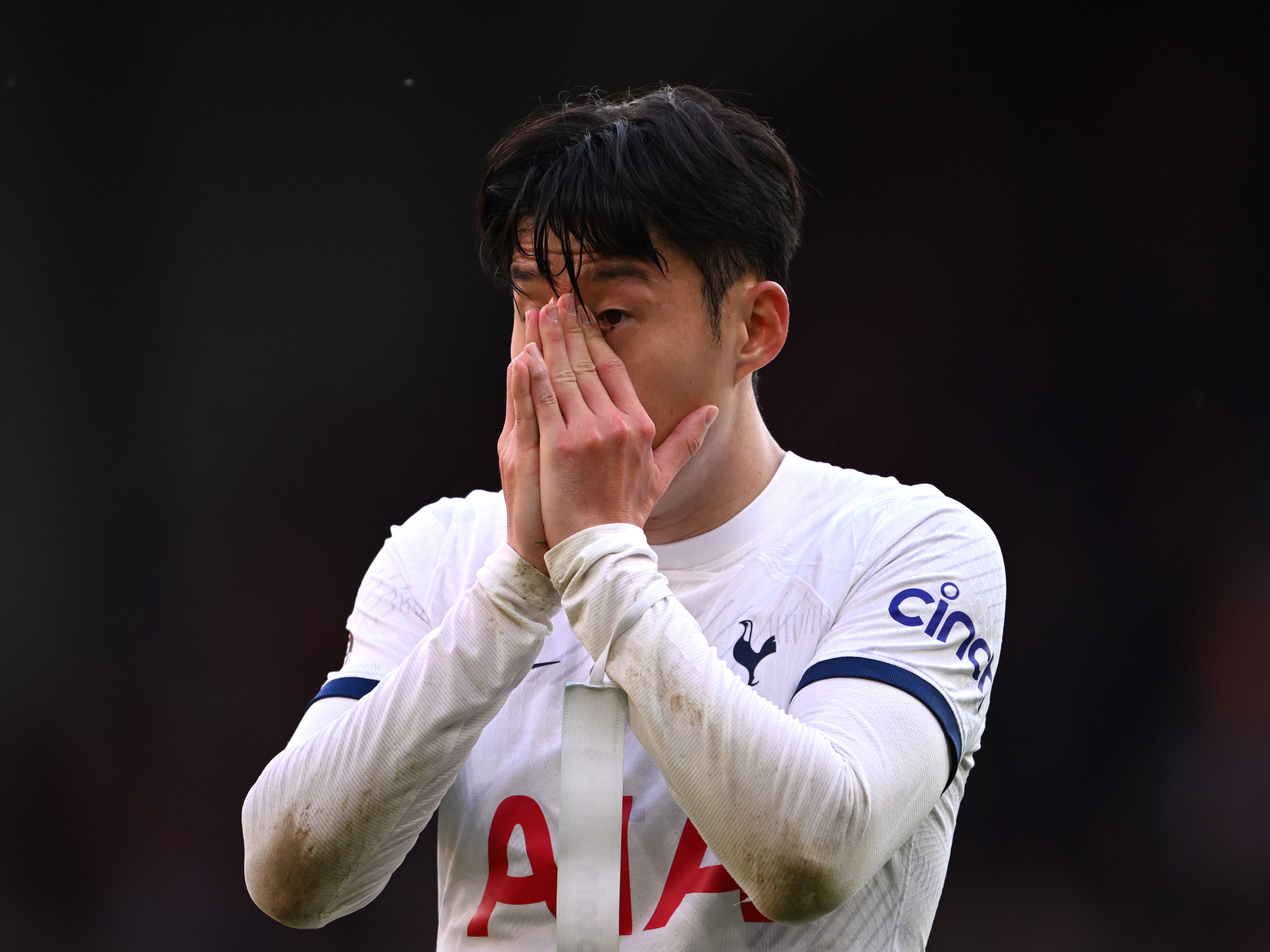 Son Heung-Min of Tottenham Hotspur looks dejected against Liverpool