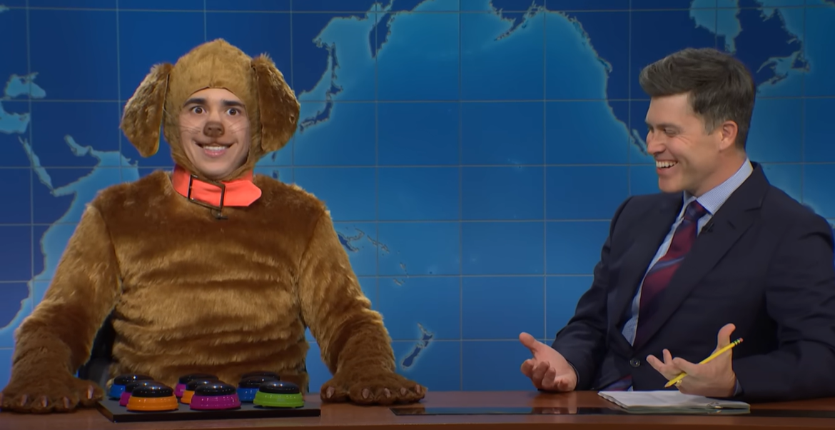 Marcello Hernández playing Kristi Noem’s dog Cricket on Saturday Night Live’s Weekend Update with Colin Jost this weekend