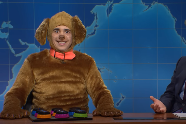 <p>Marcello Hernández playing Kristi Noem’s dog Cricket on Saturday Night Live’s Weekend Update with Colin Jost this weekend  </p>