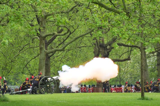 <p>A gun salute in Green Park marked the first anniversary of the coronation (Yui Mok/PA)</p>