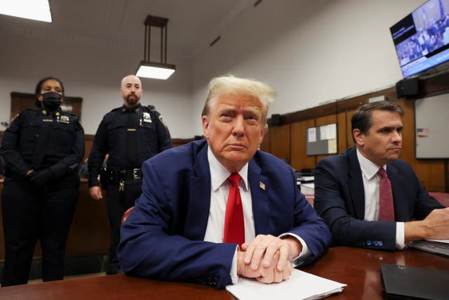 <p>Donald Trump appears in a criminal courtroom in Manhattan on 6 May. </p>