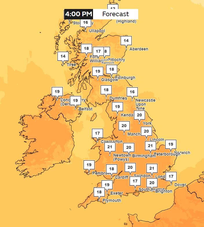 The Met Office forecast for Friday shows much of the county hitting 20C