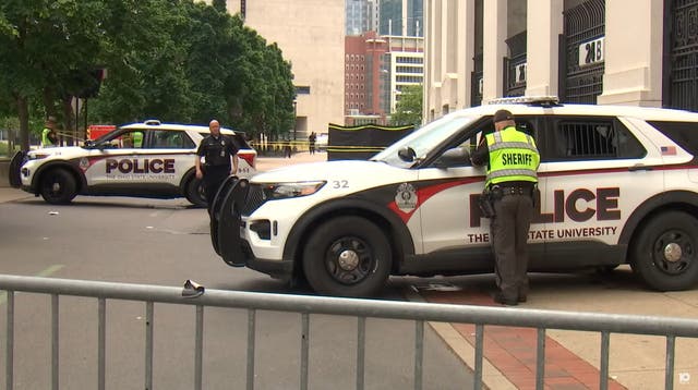 <p>Emergency services were seen outside the Ohio State Stadium in Columbus after a woman fell to her death on 5 May 2024</p>