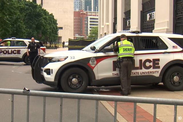 <p>Emergency services were seen outside the Ohio State Stadium in Columbus after a woman fell to her death on 5 May 2024</p>