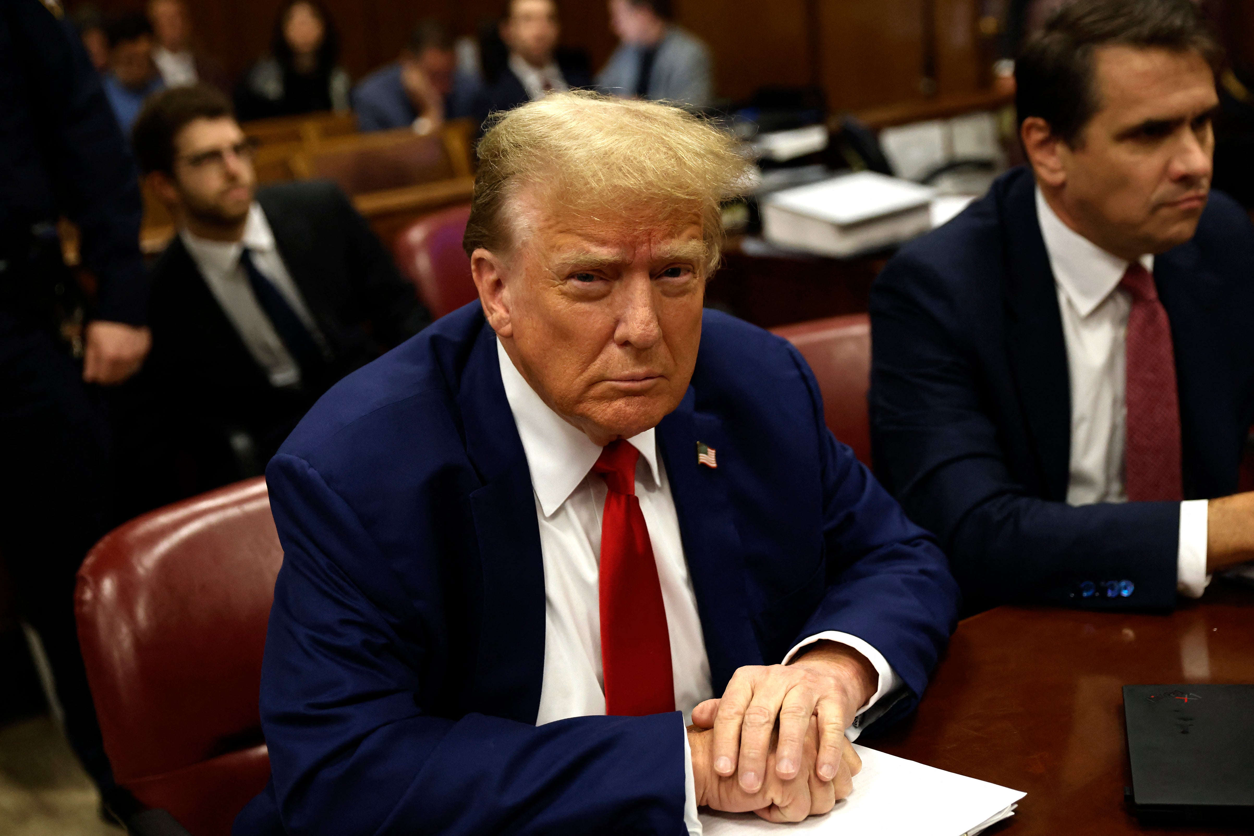 Donald Trump appears inside a criminal courtroom in Manhattan on 6 May.