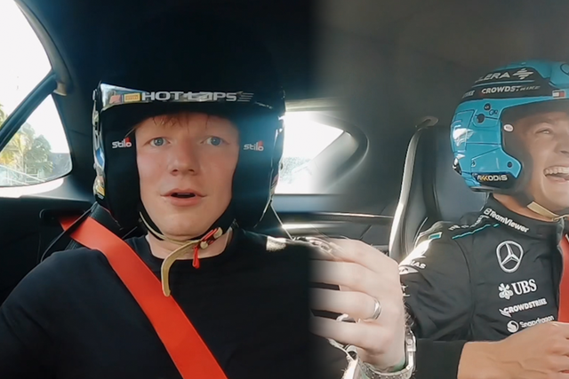 <p>Ed Sheeran flabbergasted as George Russell takes him for 150mph spin of Miami GP track</p>