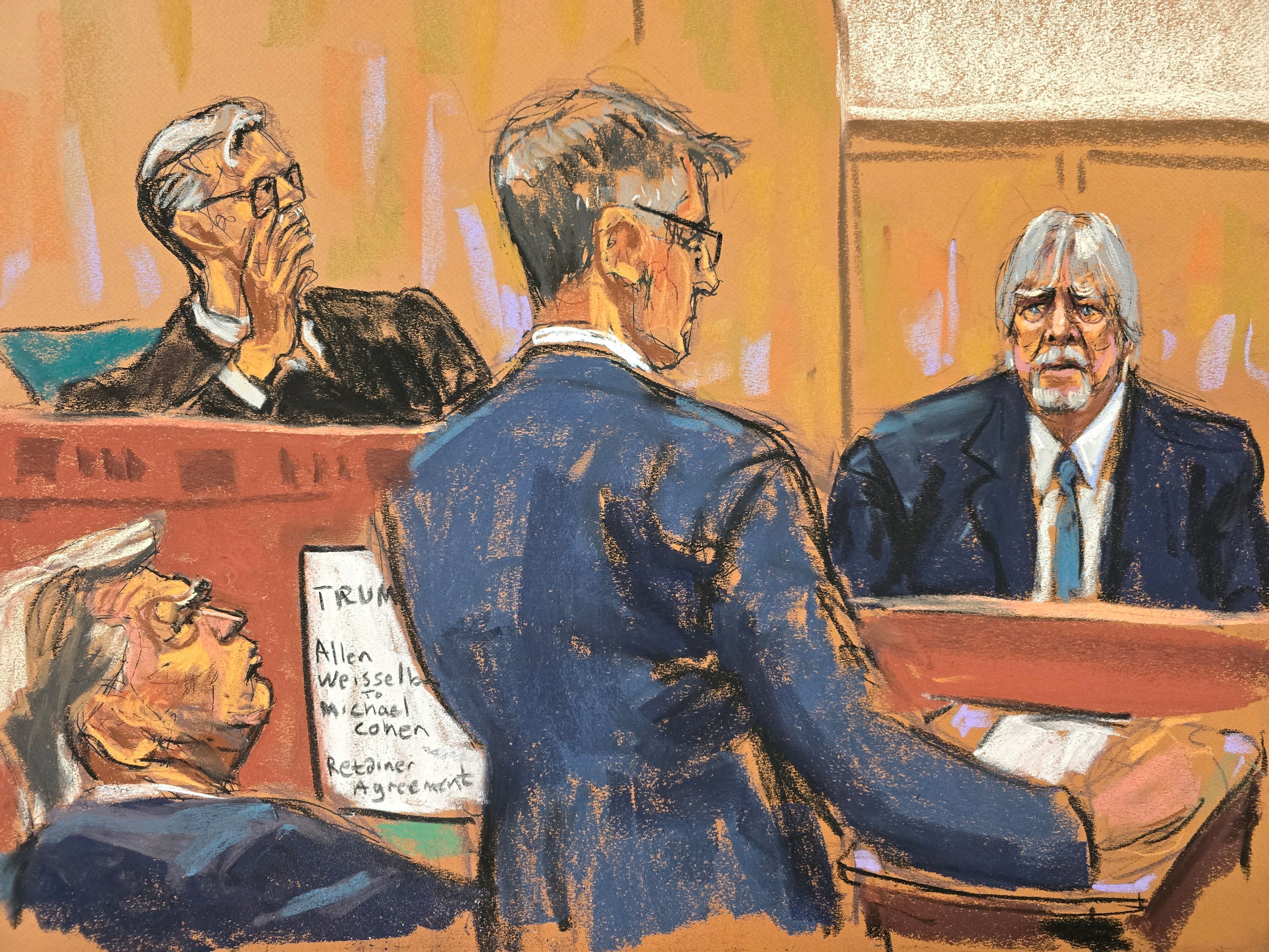 A courtroom sketch depicts former Trump Organization controller Jeffrey McConney testifying before Manhattan prosecutor Matthew Colangelo before Justice Juan Merchan during Donald Trump's criminal trial on 6 May.