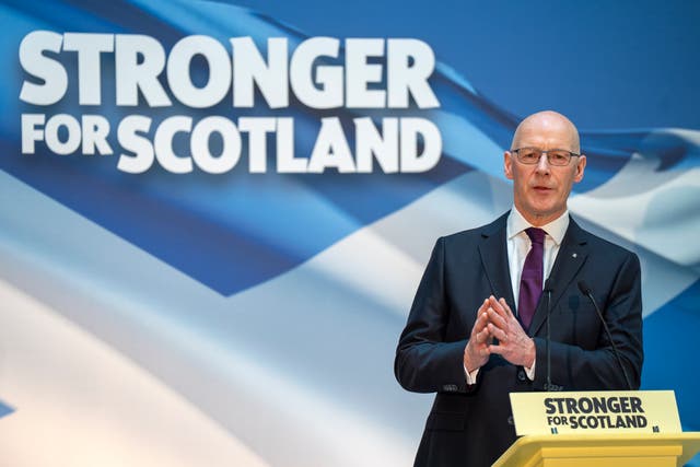 <p>John Swinney delivers his acceptance speech in Glasgow after becoming SNP leader on Monday following the expired deadline for a contest</p>