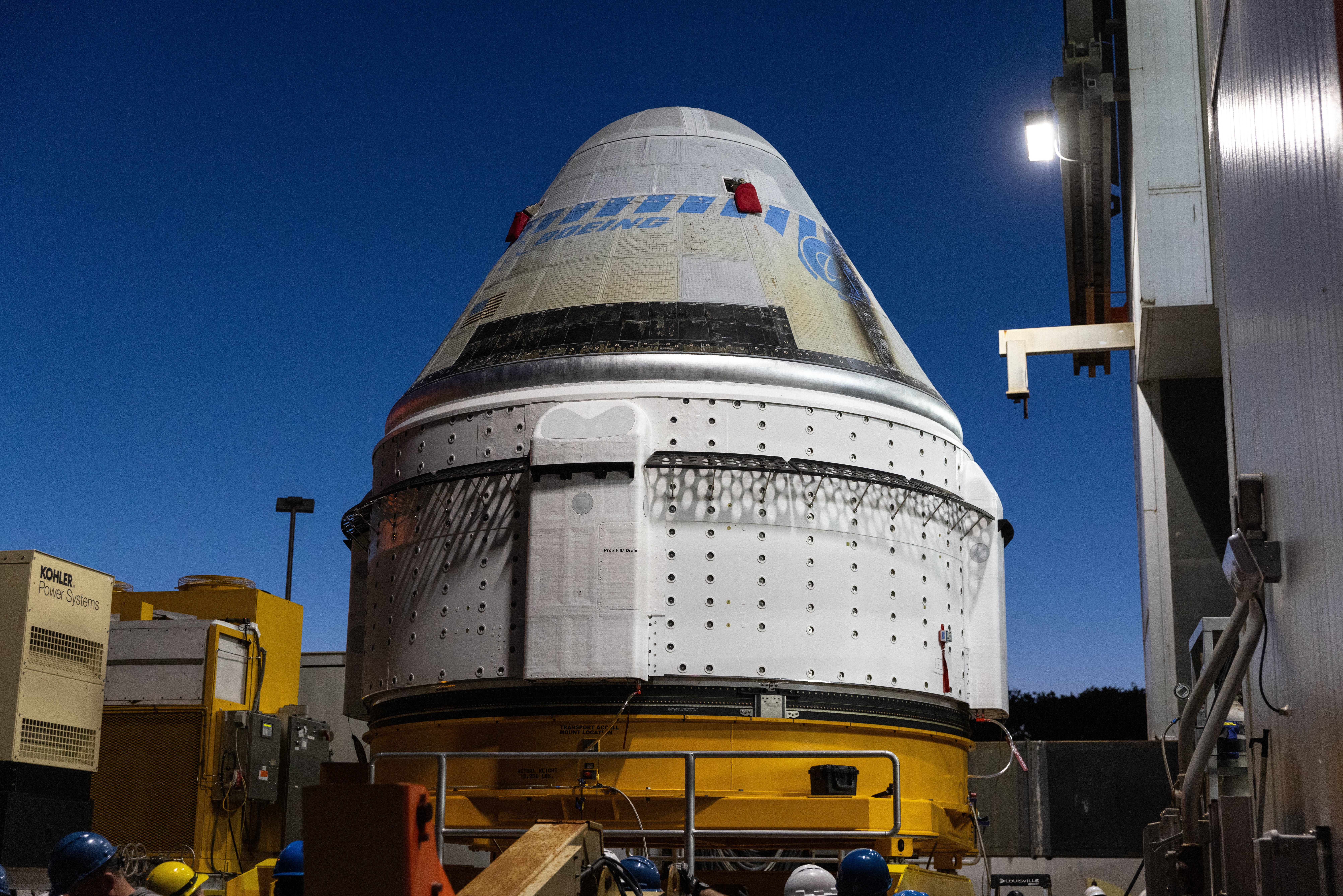 Boeing's Starliner spacecraft arrives at the Vertical Integration Facility at Space Launch Complex-41 at Cape Canaveral Space Force Station in Florida on Tuesday, April 16, 2024.