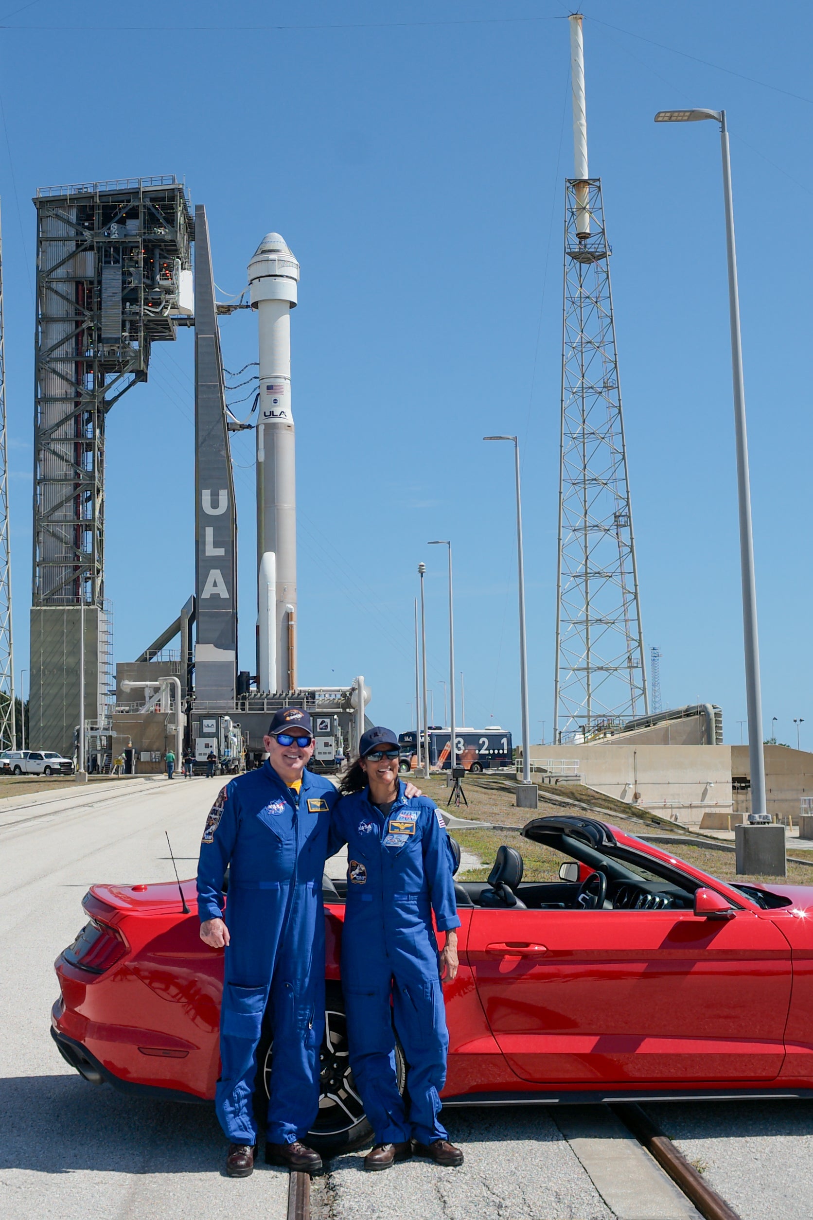 NASA astronauts Butch Wilmore and Suni Williams pose for a picture after a United Launch Alliance Atlas V rocket with Boeing's CST-100 Starliner spacecraft aboard was rolled out of the Vertical Integration Facility to the launch pad at Space Launch Complex 41 ahead of the NASA’s Boeing Crew Flight Test, Saturday, May 4, 2024 at Cape Canaveral Space Force Station in Florida.