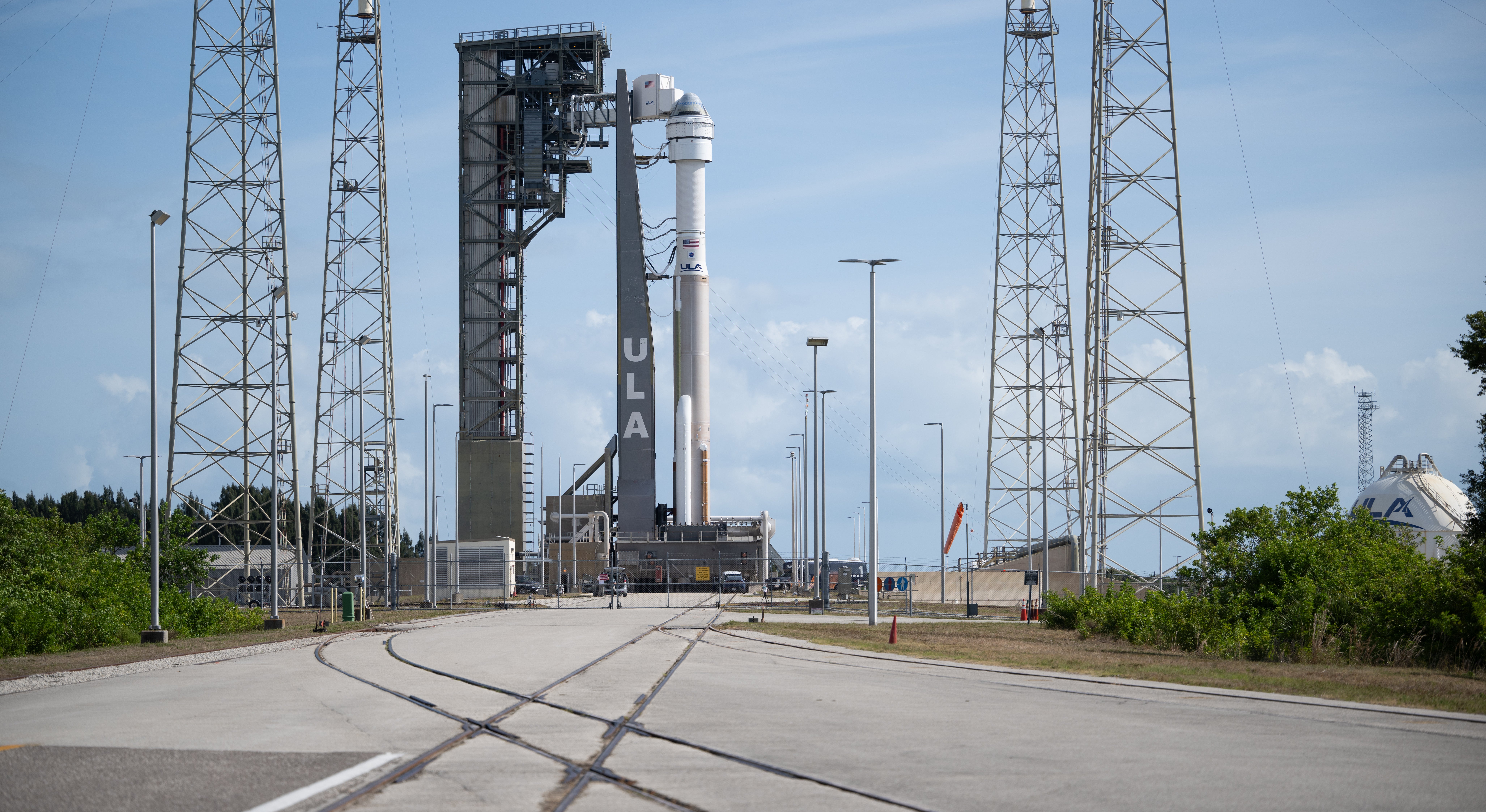 A United Launch Alliance Atlas V rocket with Boeing's CST-100 Starliner spacecraft aboard is seen on the launch pad at Space Launch Complex 41 ahead of the NASA’s Boeing Crew Flight Test, Monday, May 6, 2024 at Cape Canaveral Space Force Station in Florida.