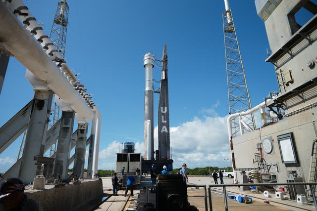 <p>A United Launch Alliance Atlas V rocket with Boeing’s CST-100 Starliner spacecraft aboard is seen as it is rolled out of the Vertical Integration Facility to the launch pad at Space Launch Complex 41 ahead of the NASA’s Boeing Crew Flight Test, Saturday, May 4, 2024 at Cape Canaveral Space Force Station in Florida</p>