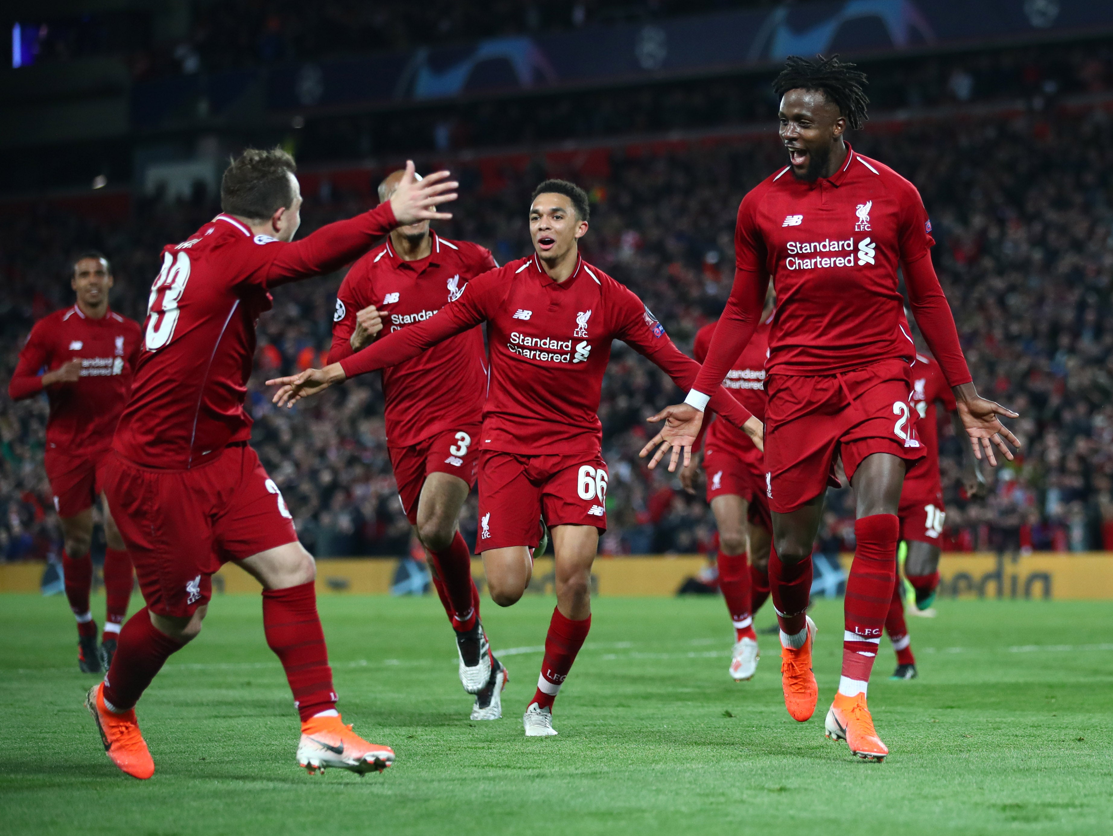 Divock Origi, right, scored Liverpool’s fourth goal on a remarkable night