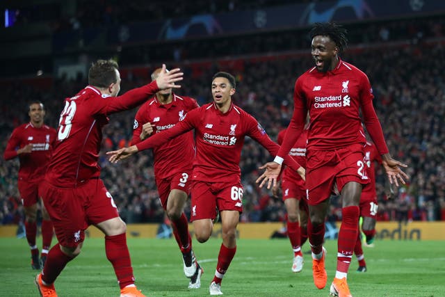 <p>Divock Origi, right, scored Liverpool’s fourth goal on a remarkable night</p>