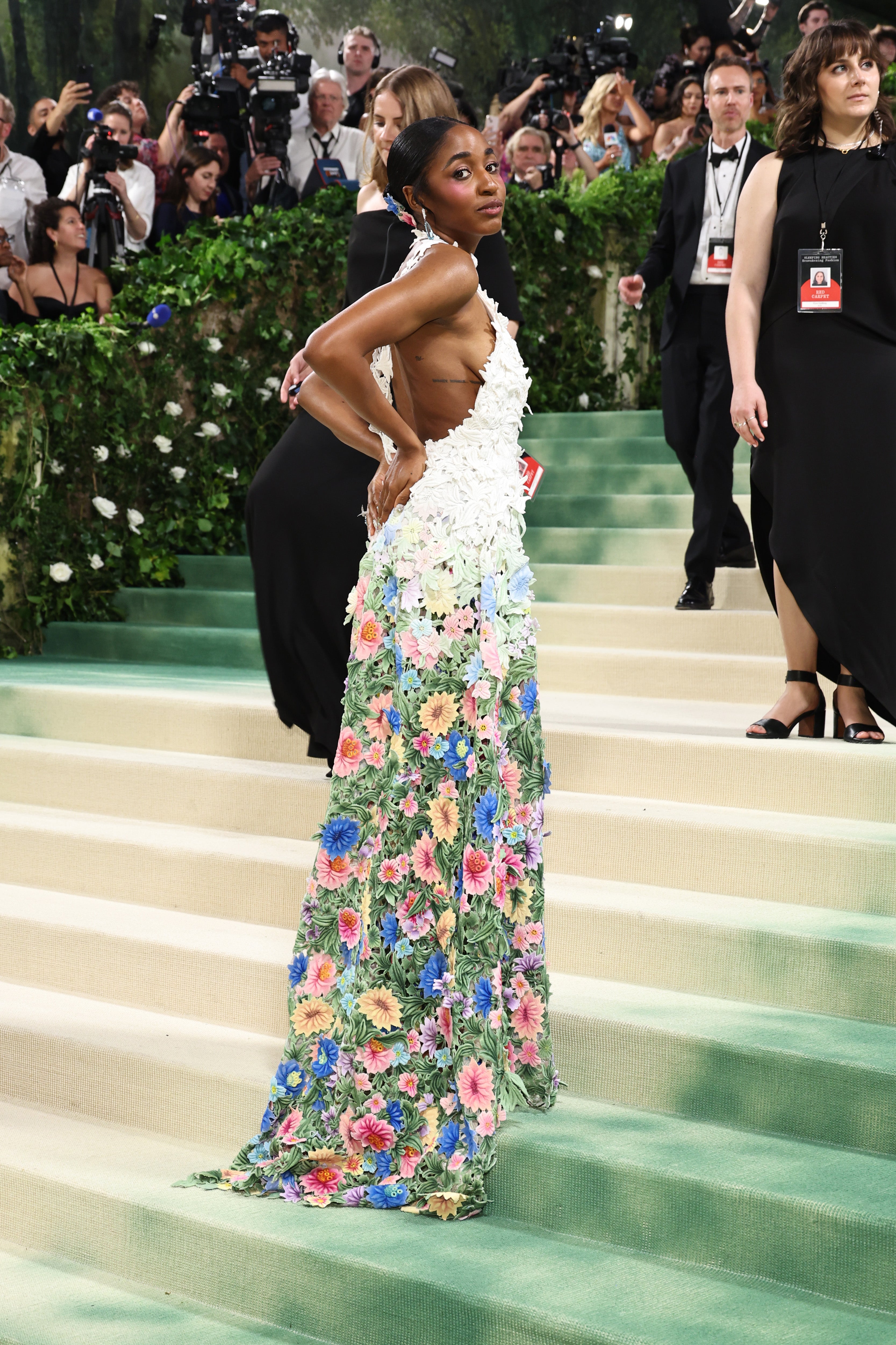 Ayo Edebiri in a floral gown with pops of green at the 2024 Met Gala