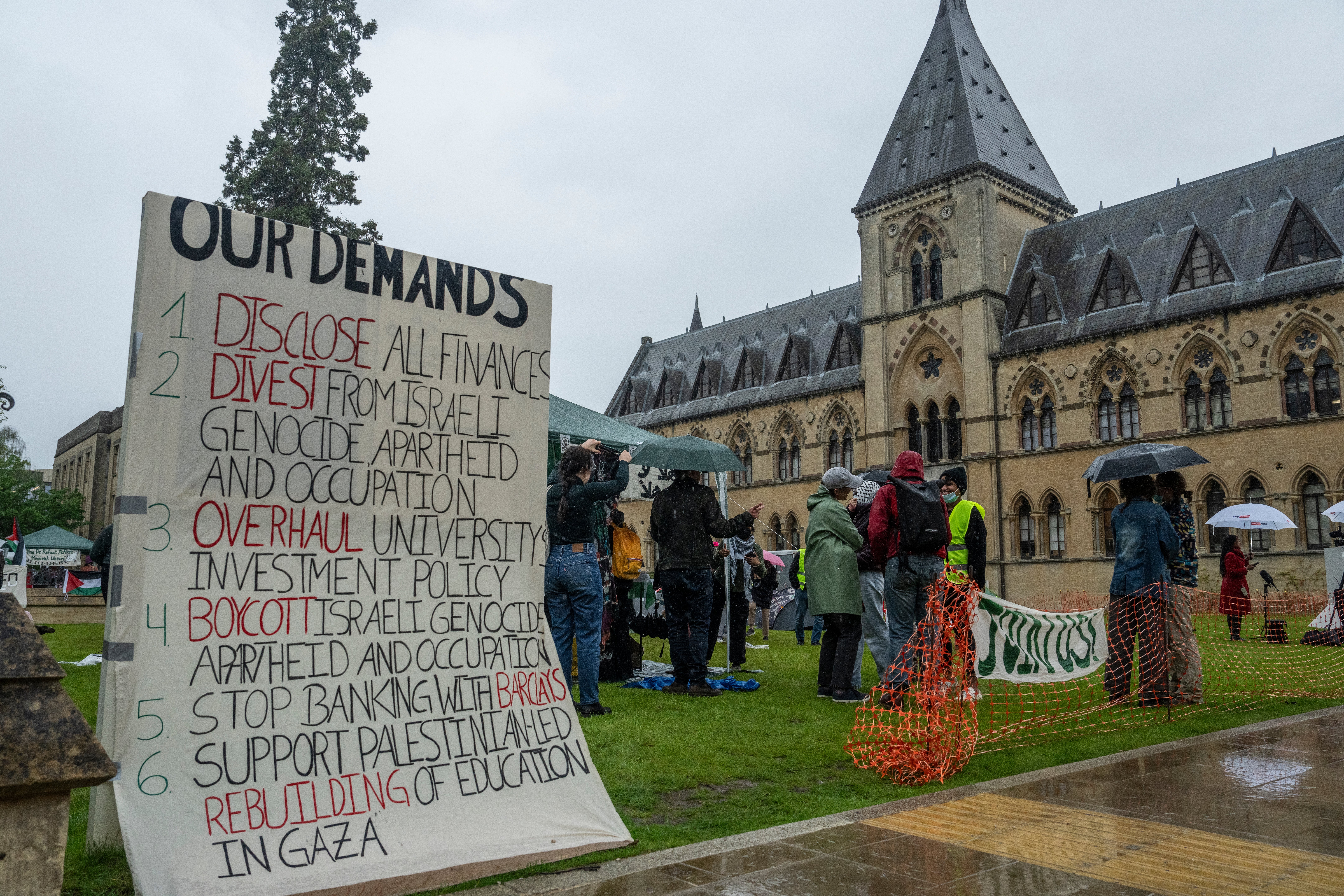 Poster lists the demands of students protesters at a pro-Palestine encampment at Oxford University