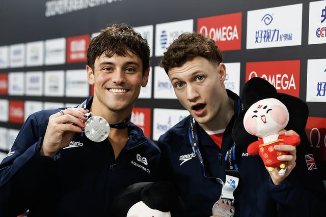 <p>Tom Daley and Noah Williams pose with their silver medals after the Men’s Synchronized 10m Platform Final at the World Aquatics Diving World Cup 2024 in Xi An</p>