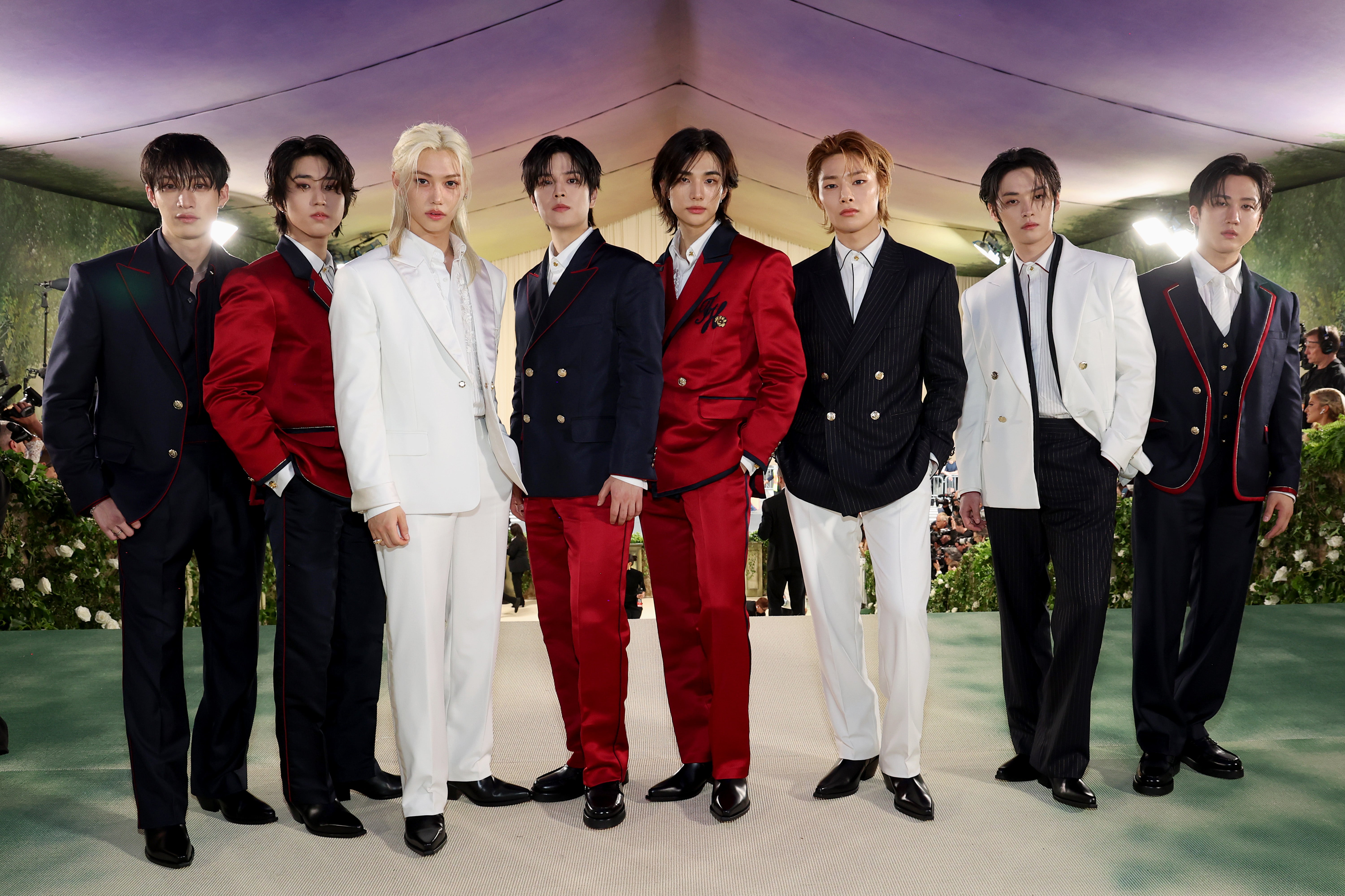 Bang Chan, Han, Felix, Seungmin, Hyunjin, IN, Lee Know, and Changbin of Stray Kids attend the 2024 Met Gala in New York City